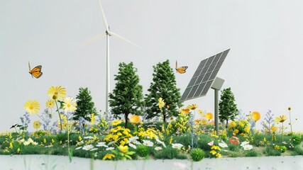 Explore the green energy concept with solar panel and wind turbine amidst lush trees, flowers, and butterflies. 3D image on white background symbolizing a better world for the future.