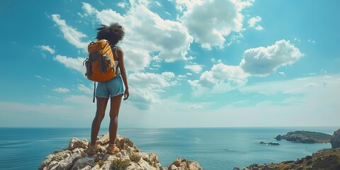 Black woman traveler standing on rocky cliff - Powered by Adobe
