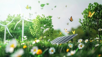 Explore the green energy concept with solar panel and wind turbine amidst lush trees, flowers, and butterflies. 3D image on white background symbolizing a better world for the future.