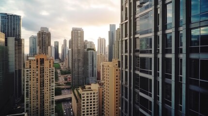 Fototapeta premium urban view of skyscrapers above heights