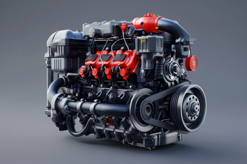Powerful internal combustion engine against gray background