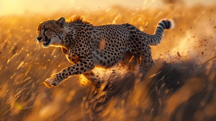 Cheetah sprinting through a savannah with golden sunset backdrop