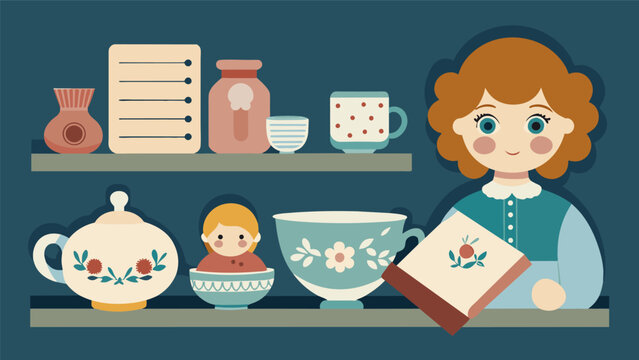 On a shelf are a set of ornate teacups and saucers a porcelain doll and handwritten recipes representing the treasured traditions and homemaking of. Vector illustration