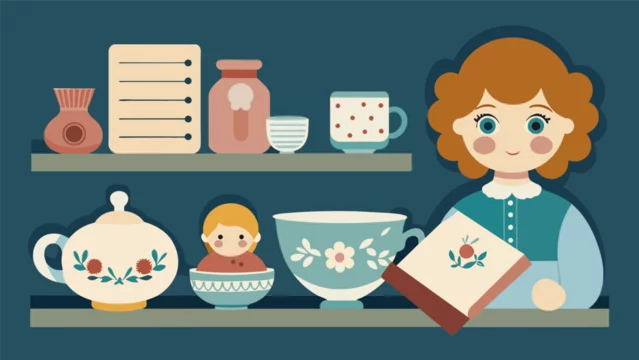 On a shelf are a set of ornate teacups and saucers a porcelain doll and handwritten recipes representing the treasured traditions and homemaking of. Vector illustration
