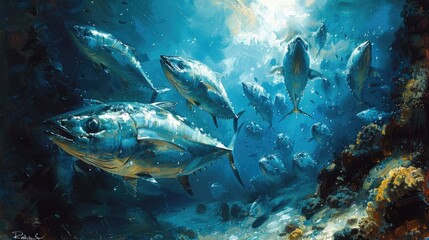 A shoal of tuna swimming in the depths of the ocean, with a bright light shining through the water.