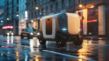 A white autonomous delivery vehicle on the street in the city, ready for its next delivery.