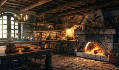 Traditional Italian kitchen with stone oven and lit fire. Likely to be cooking pizza soon. Generative AI.