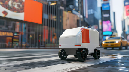 A white autonomous delivery vehicle on the street in the city, ready for its next delivery.