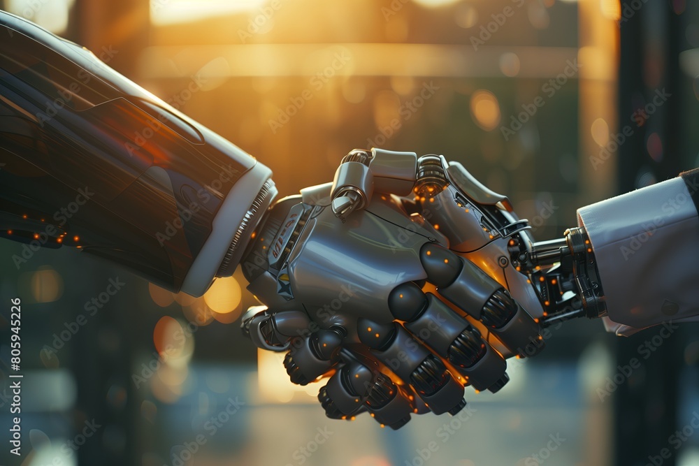 Poster human and robot handshake, futuristic partnership in technology and science, cyborg hand touching hu