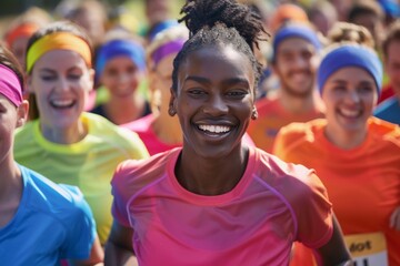 Close-up: A diverse group of runners wearing colorful charity shirts