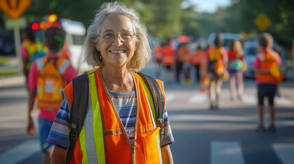 Wide shot 50 year old woman school crossing guard, smiling, happy, school children in crosswalk, summer