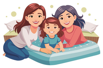 Portrait of happy older woman her young adult daughter and adorable preschooler girl smile look at camera posing lying together on bed in cozy mattress in bedroom spend free time on weekend at home