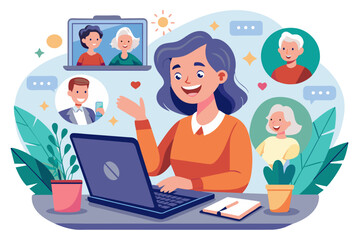 Laughing mature woman enjoy on-line talk with family living abroad using laptop and videoconference application look at screen share happy news lead conversation spend time at home Videocall event