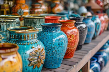 Colored painted ceramic vases in a store