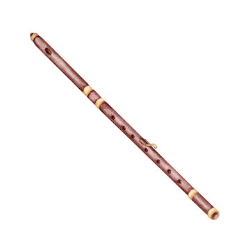 Classical flute music instrument. Hand drawn woodwind piccolo or fife for lesson illustrations, chamber, symphony concert posters or sheet music. Watercolor illustration on transparent background