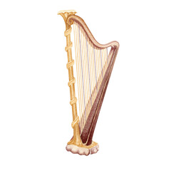 Golden harp classical music instrument. Vintage string lyre. Watercolor illustration on transparent...