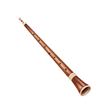 Classical oboe. Hand drawn vintage woodwind reed musical instrument. Design element for symphony  or chamber concert tickets, posters, sheet music. Watercolor illustration isolated on white background