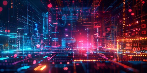 Fototapeta premium abstract illustration of geometric shapes and structures in colorful neon colors and lights in cyberspace against dark background