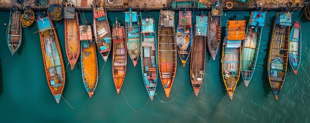 Aerial view of many boats and fishing boats docket at Malpe New Port, Udupi, Karnataka, India.