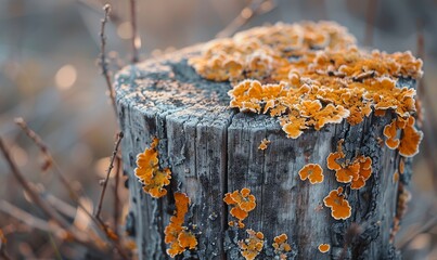 closeup of light brown lichen on a tree stump along