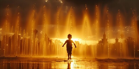 Fototapeta premium Anonymous silhouette of a child runs through the mist of a city fountain as the sun descends, casting a warm, golden glow over the urban landscape