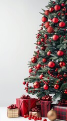 Christmas Tree with Red decorations and Gifts. Holiday concept on White background with copy-space.
