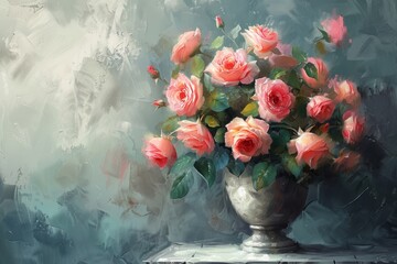 Bouquet of pink roses in a vase in acrylic style. Copy space for text