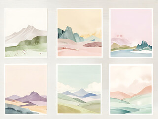 Collection of 6 colorful watercolor paintings featuring a variety of mountain landscapes.
