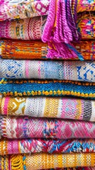 Close-up of a stack of colorful beach towels, emphasizing their different textures, patterns, and playful tassel