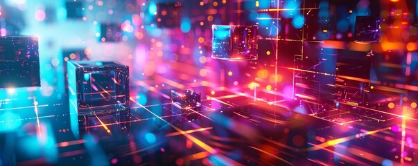 Obraz premium Generative AI abstract illustration of geometric shapes and structures in colorful neon colors and lights in cyberspace against dark background