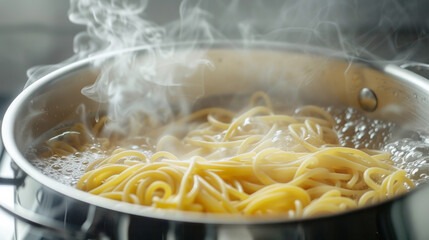 boiling pasta in a stainless steel pot, steam rising
