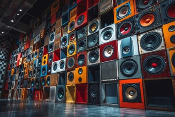 Wall of old music audio speakers