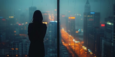Silhouette of a woman standing by the window of a skyscraper taking in the view of the city in rain at dusk