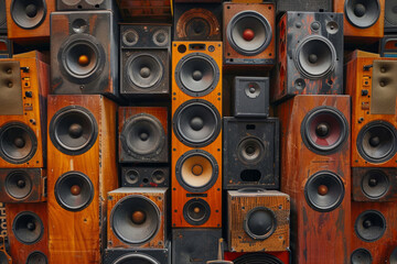 Wall of old music audio speakers