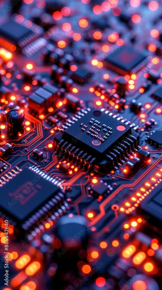 Poster close up of a microchip circuit interior of a computer with neon lights in detail, circuit board.