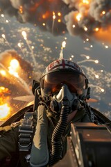 Close-up of an F-16 cockpit during a bombing run, pilot focused, explosions on the ground below