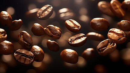 A close up of coffee beans in the air