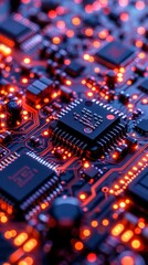 Obraz premium close up of a microchip circuit interior of a computer with neon lights in detail, circuit board.