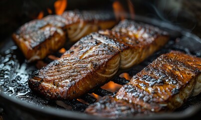 Blackened catfish fillets crackle in bacon fat over an open fire on the banks