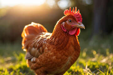 red chicken in a green pasture
