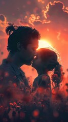 Fototapeta premium Tender moment between father and child at sunset. Generative AI image