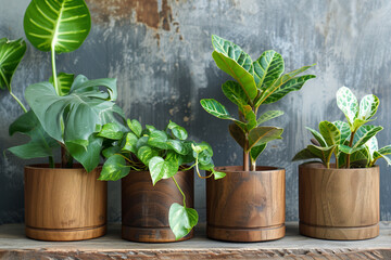 Composition From Green Plants In Wooden Pots on the shelf with Gray Wall Side. Simple and clean interior with nature decoration with bright natural light from a window