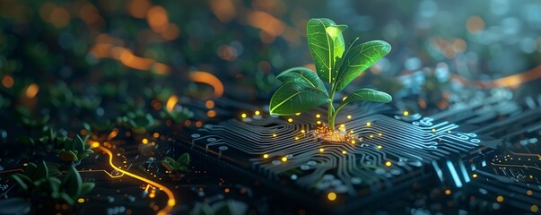 glowing plant growing on computer chip representing digital e