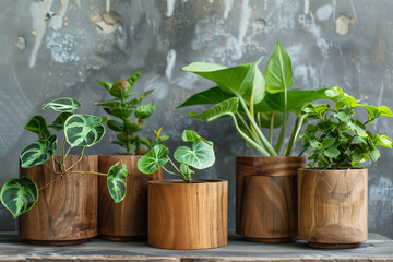 Composition From Green Plants In Wooden Pots on the shelf with Gray Wall Side. Simple and clean interior with nature decoration with bright natural light from a window