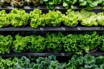 Green Leaves Of Lettuce in a Pots in Row On a Store Shelf, The Vegetable Aisle in a Supermarket