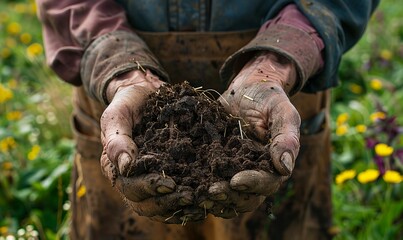 An old man's hands hold manure used to fertilize grasses year-round on his farm