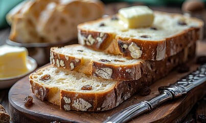 Fresh sourdough raisin bread slices with pats of butter next to a silver knife on a wooden cutting board