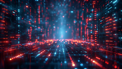 Obraz premium Digital binary code matrix wall art background in 3D rendering of a scientific technology data binary code with complexity and data flood of modern digital age, network, conveying, connectivity