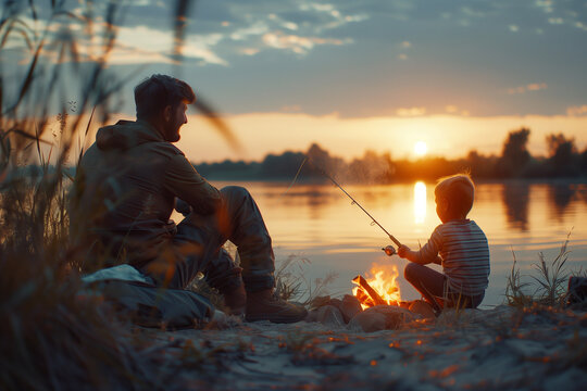 Father and son near campfire enjoy the view while fishing by lake at sunset