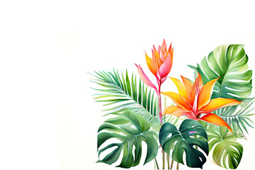 Watercolor of a tropical flower bouquet The colorful bouquet consists of a variety of tropical plants. on a white background